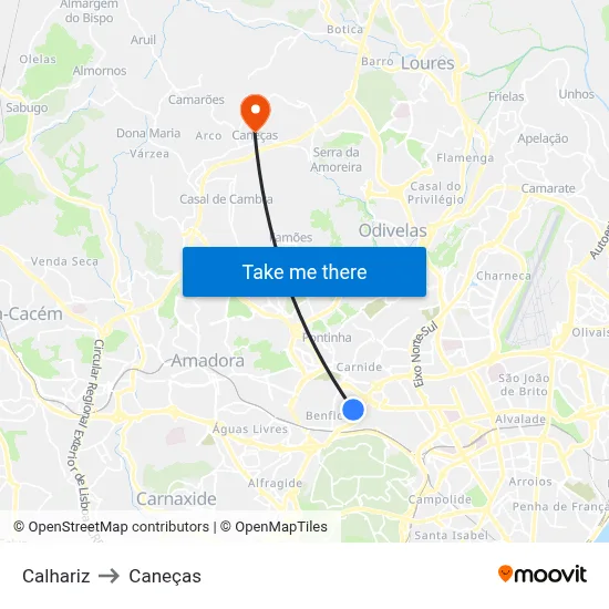 Calhariz to Caneças map