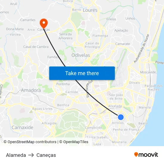 Alameda to Caneças map