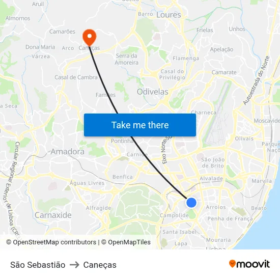 São Sebastião to Caneças map