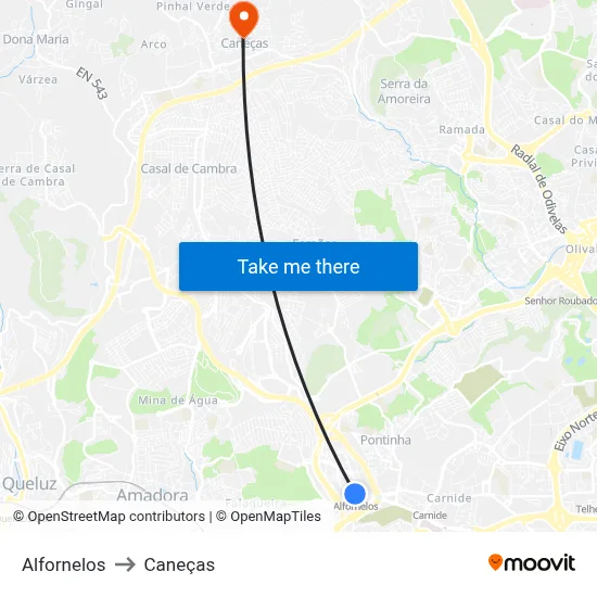 Alfornelos to Caneças map