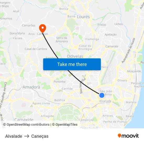Alvalade to Caneças map