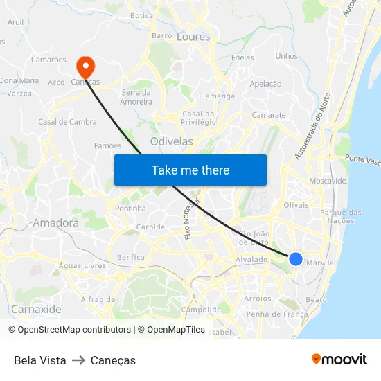 Bela Vista to Caneças map