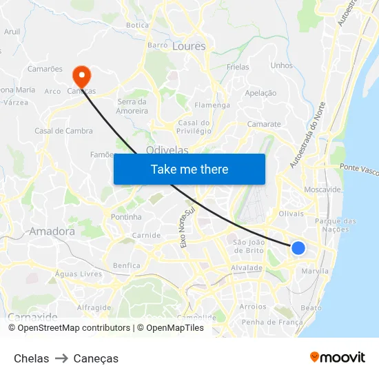 Chelas to Caneças map