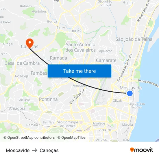 Moscavide to Caneças map
