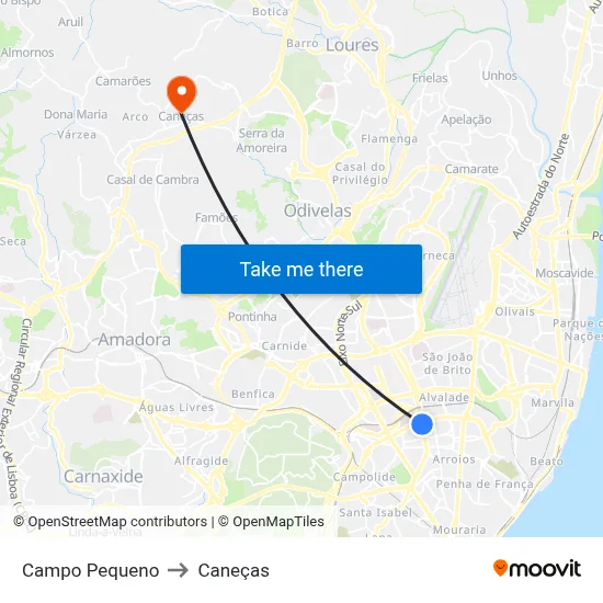 Campo Pequeno to Caneças map