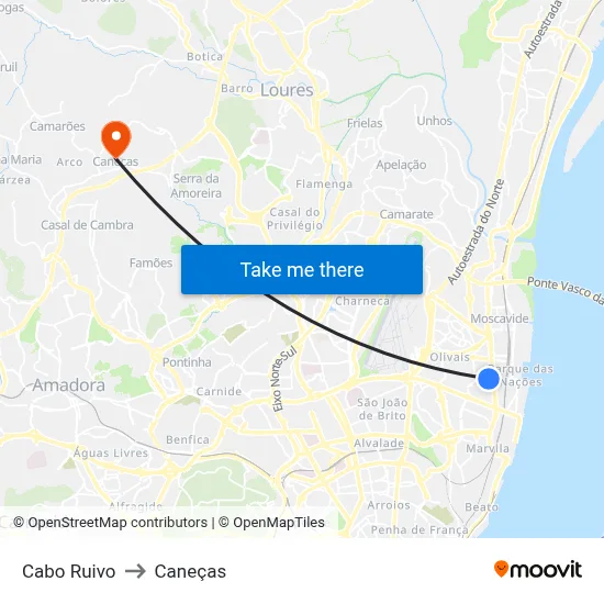 Cabo Ruivo to Caneças map