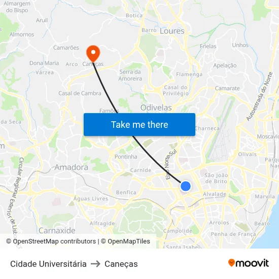 Cidade Universitária to Caneças map