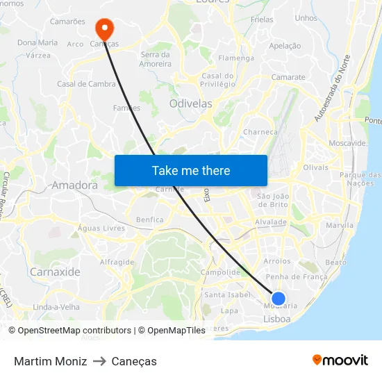 Martim Moniz to Caneças map