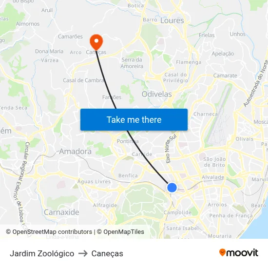 Jardim Zoológico to Caneças map