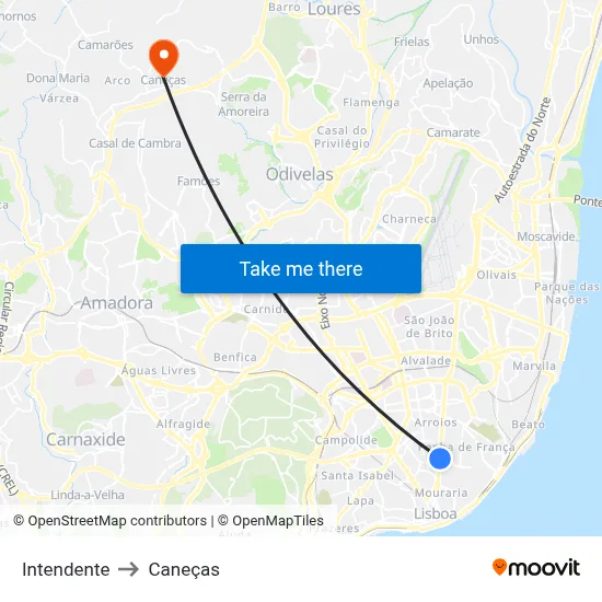 Intendente to Caneças map