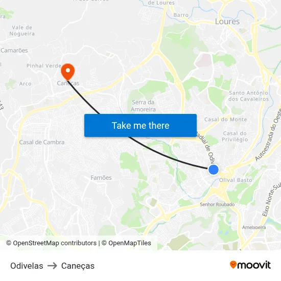 Odivelas to Caneças map