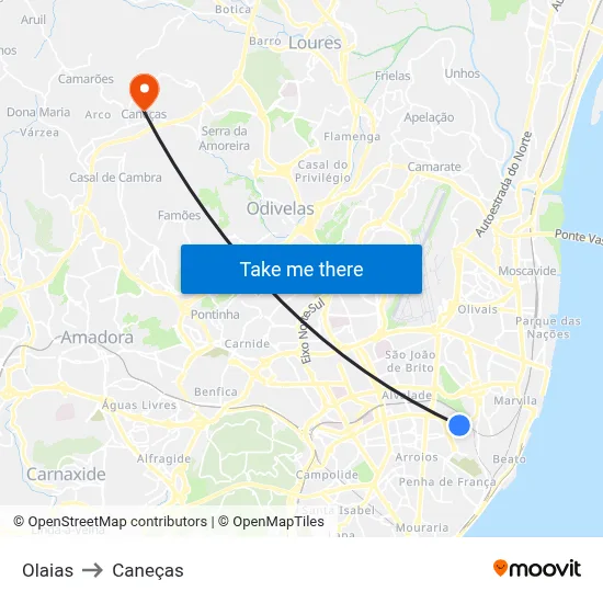 Olaias to Caneças map