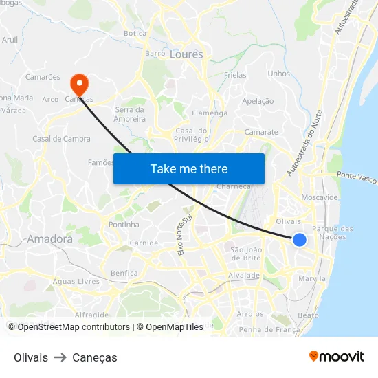 Olivais to Caneças map