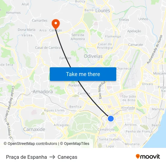 Praça de Espanha to Caneças map