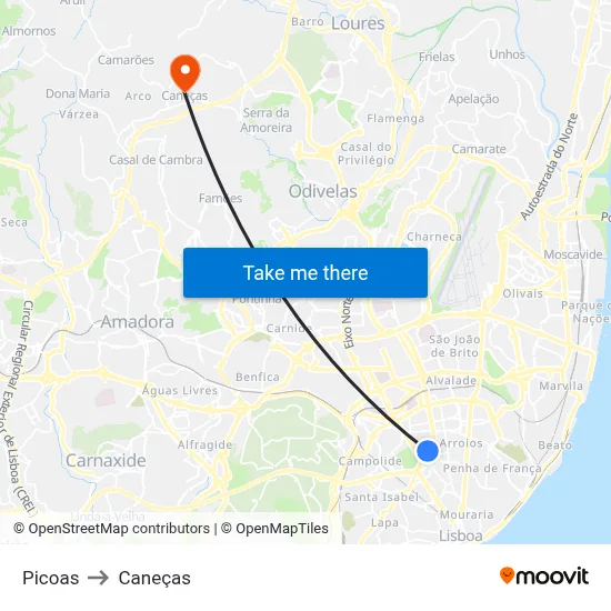 Picoas to Caneças map