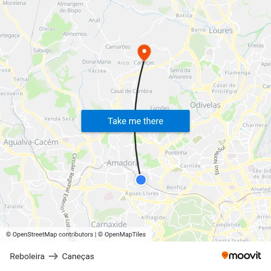 Reboleira to Caneças map