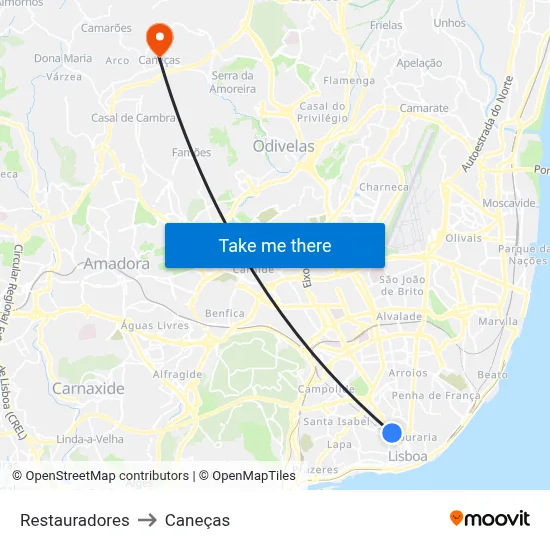 Restauradores to Caneças map