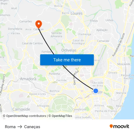 Roma to Caneças map