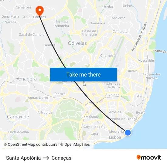 Santa Apolónia to Caneças map
