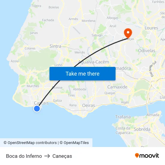 Boca do Inferno to Caneças map