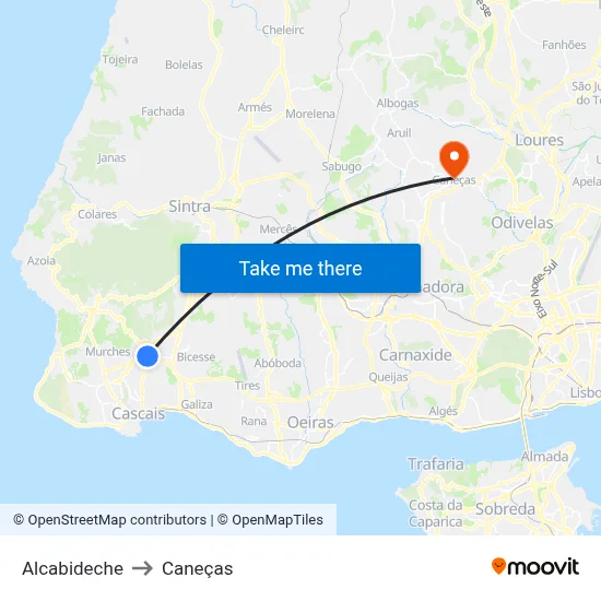 Alcabideche to Caneças map