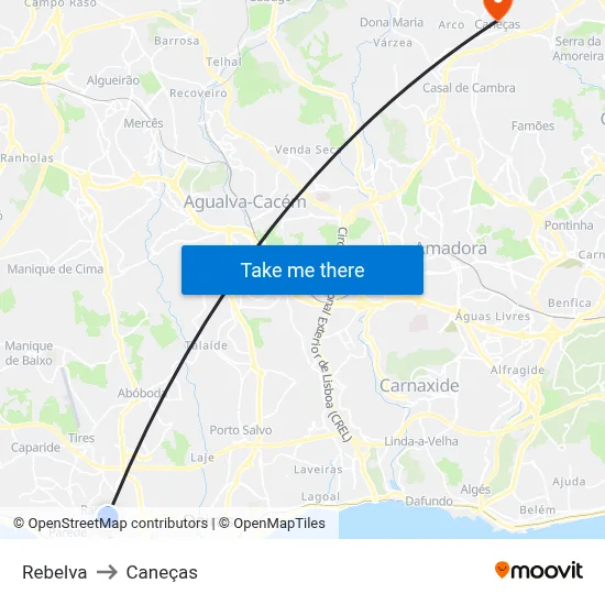 Rebelva to Caneças map