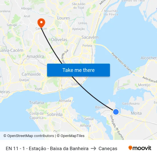 EN 11 - 1 - Estação - Baixa da Banheira to Caneças map