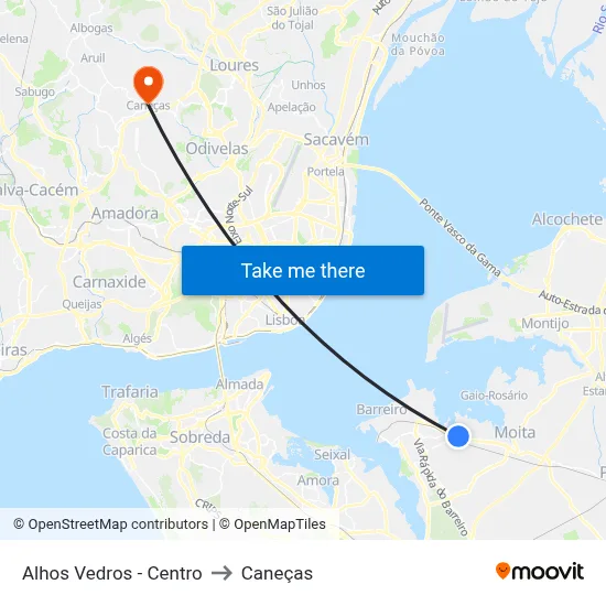 Alhos Vedros - Centro to Caneças map