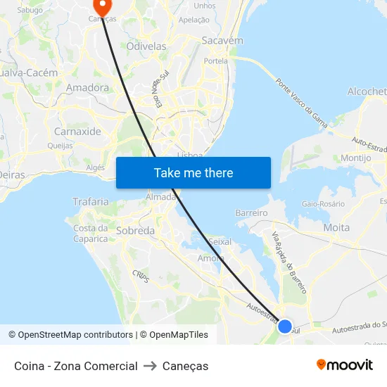 Coina - Zona Comercial to Caneças map
