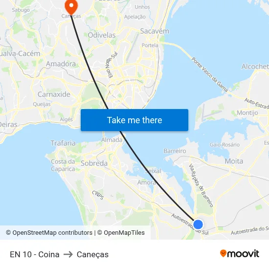 EN 10 - Coina to Caneças map