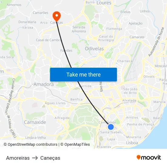 Amoreiras to Caneças map