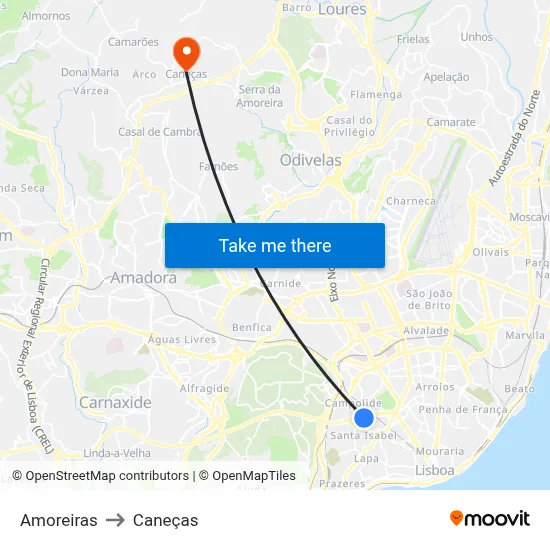 Amoreiras to Caneças map