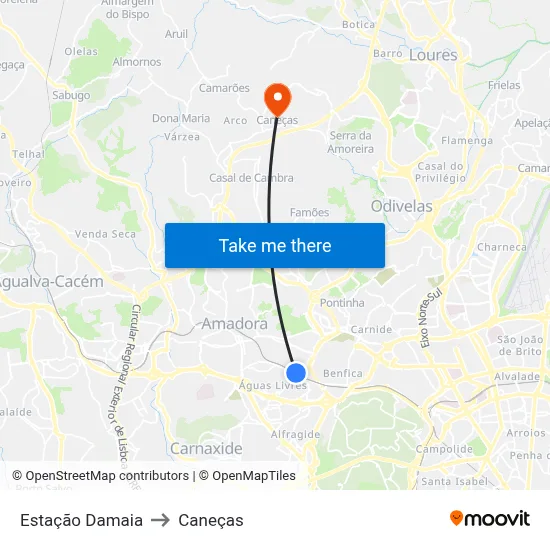 Estação Damaia to Caneças map
