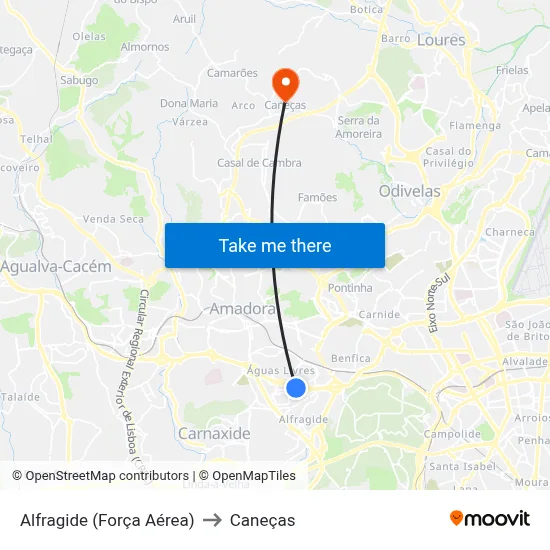 Alfragide (Força Aérea) to Caneças map