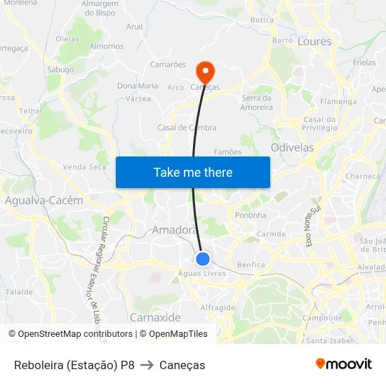 Reboleira (Estação) P8 to Caneças map