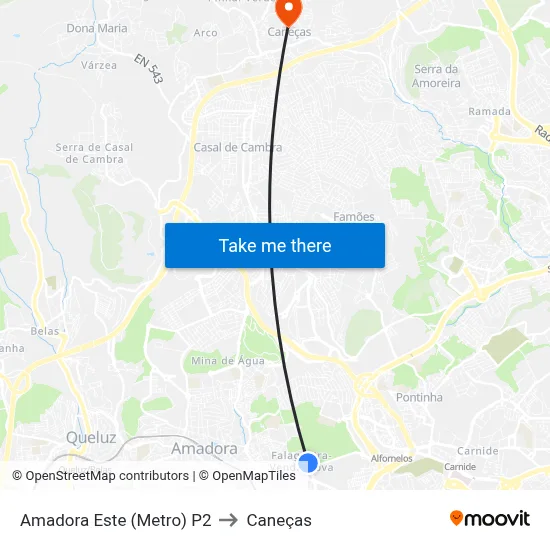 Amadora Este (Metro) P2 to Caneças map