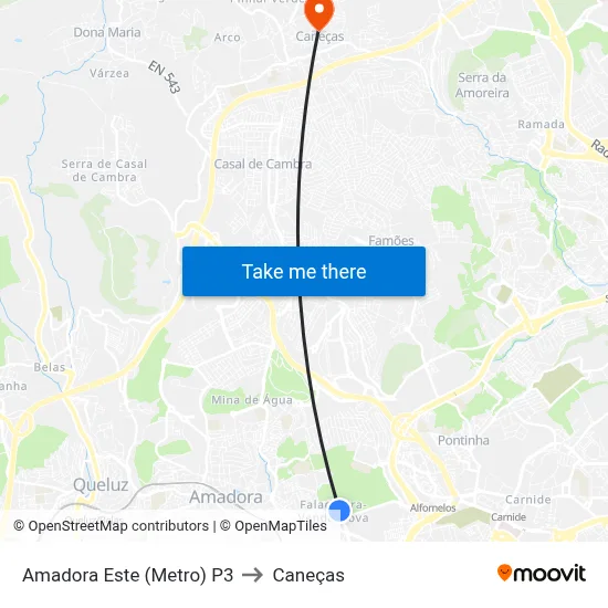 Amadora Este (Metro) P3 to Caneças map