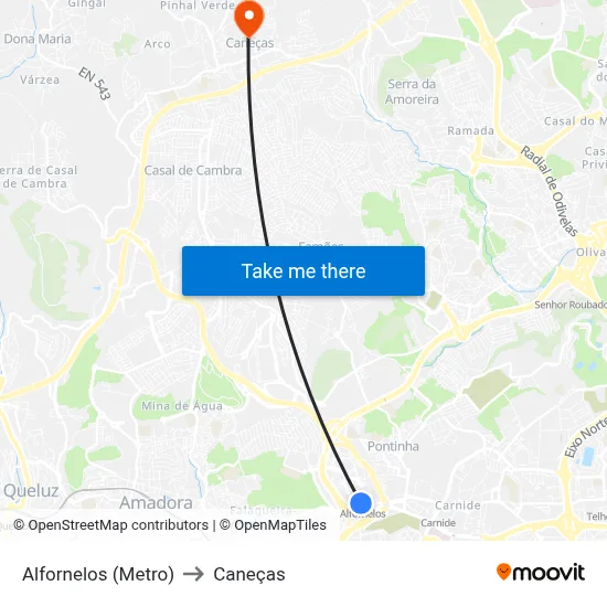 Alfornelos (Metro) to Caneças map