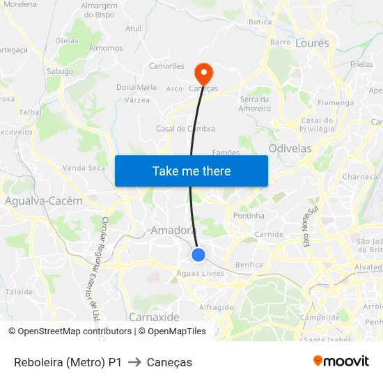 Reboleira (Metro) P1 to Caneças map