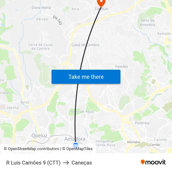 R Luís Camões 9 (CTT) to Caneças map