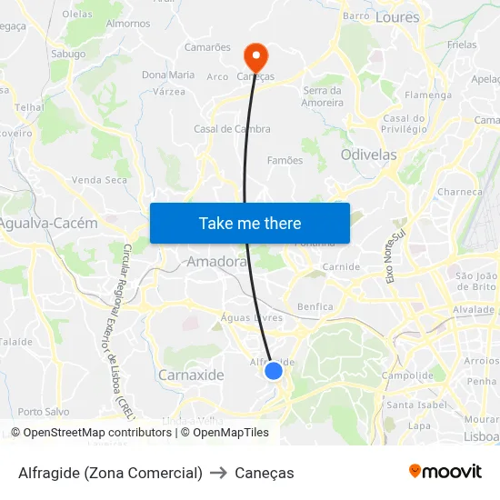 Alfragide (Zona Comercial) to Caneças map