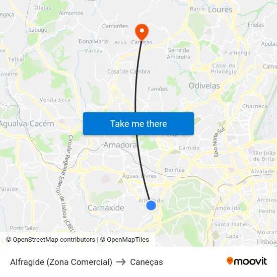Alfragide (Zona Comercial) to Caneças map
