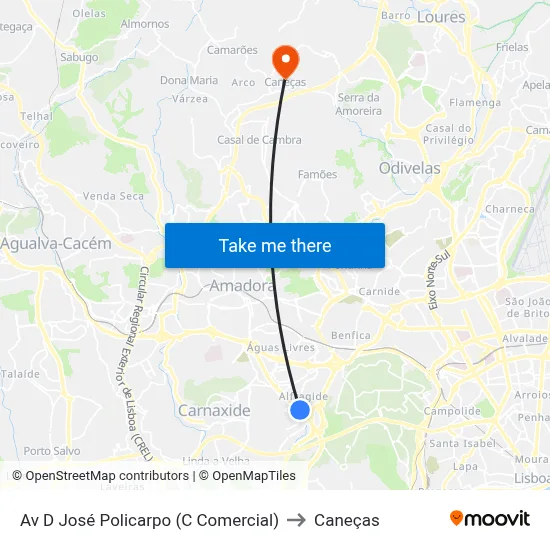 Av D José Policarpo (C Comercial) to Caneças map