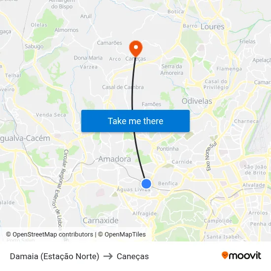 Damaia (Estação Norte) to Caneças map