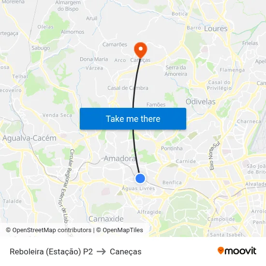 Reboleira (Estação) P2 to Caneças map
