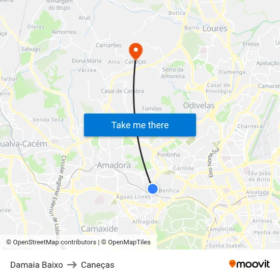 Damaia Baixo to Caneças map