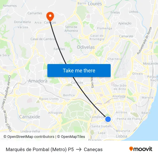 Marquês de Pombal (Metro) P5 to Caneças map