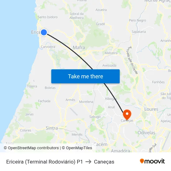 Ericeira (Terminal Rodoviário) P1 to Caneças map