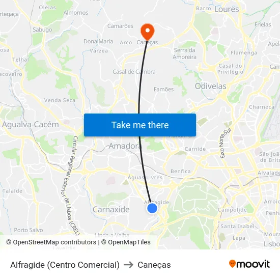 Alfragide (Centro Comercial) to Caneças map