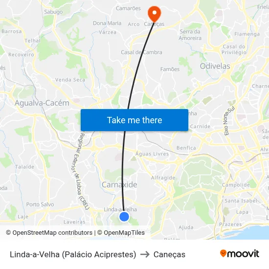 Linda-a-Velha (Palácio Aciprestes) to Caneças map